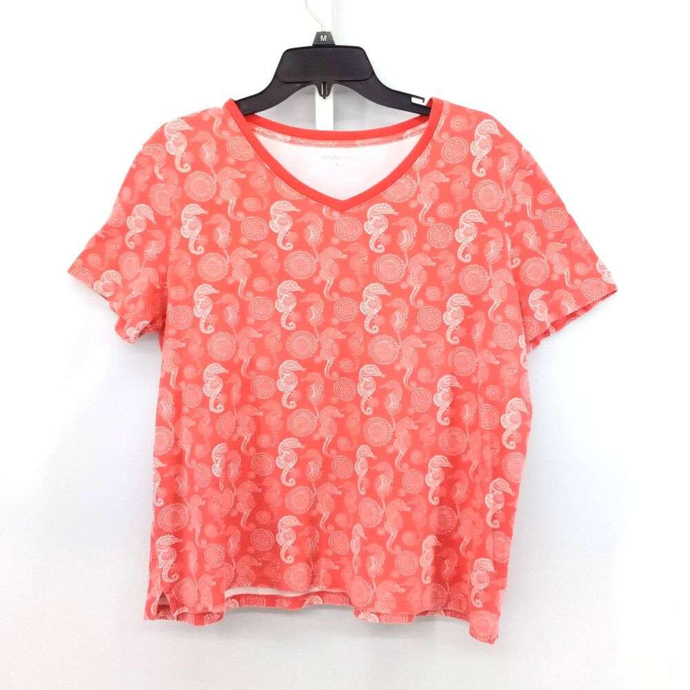 Kim Rogers Shirt Womens Medium Orange Seahorses Short Sleeve V Neck Casual Top